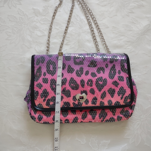 Betsey Johnson sequins bag chain strap Leopard Pink Black